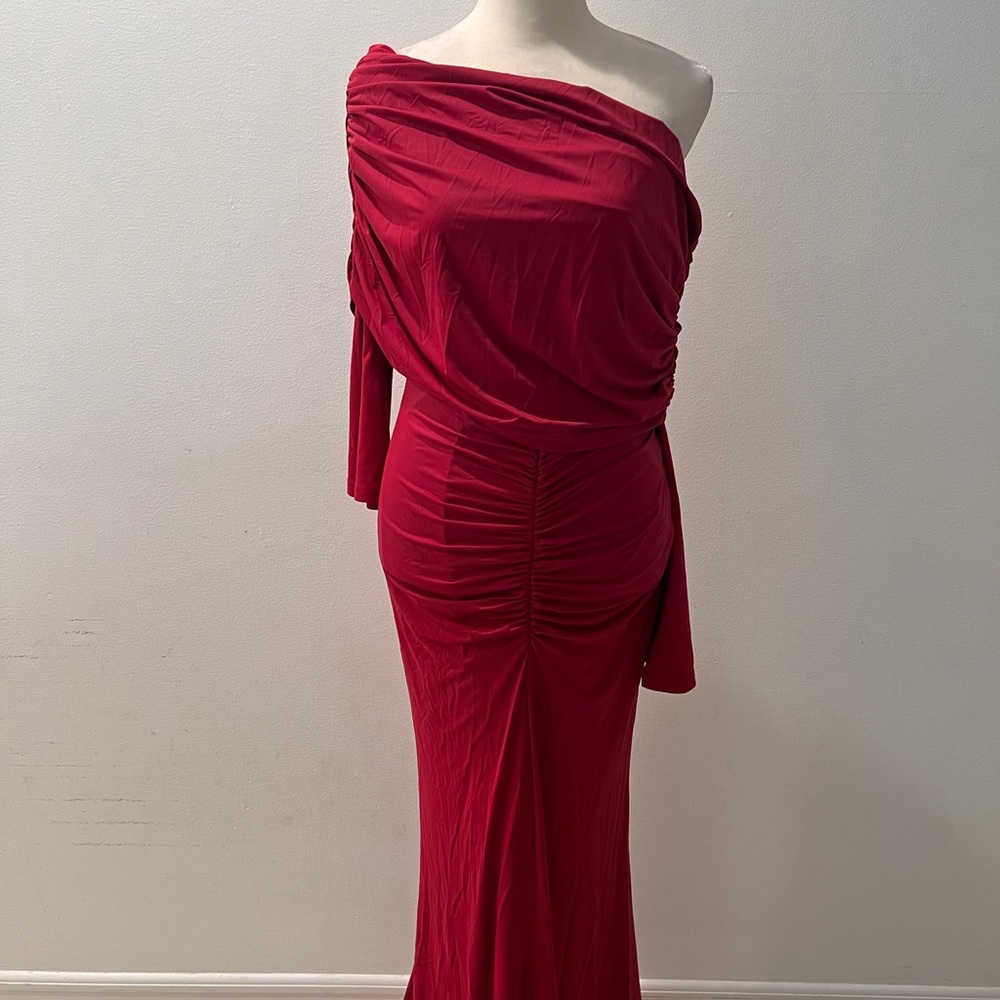 One-Shoulder Ruched Maxi Dress in Crimson